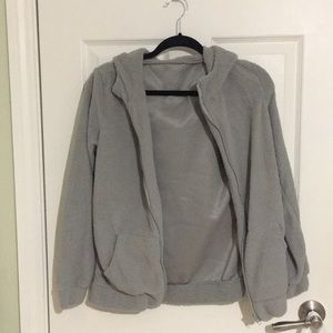Gray Teddy Zip up Sweater with Hood